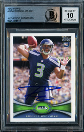 Russell Wilson Autographed 2012 Topps Rookie Card #165 Seattle Seahawks Auto Grade Gem Mint 10 Beckett BAS Stock #253243 Russell Wilson Autographed 2012 Topps Rookie Card #165 Seattle Seahawks Auto Grade Gem Mint 10 Beckett BAS Stock #253243