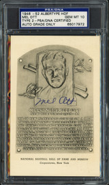 Mel Ott Autographed 1946-52 Albertype Hall of Fame HOF Plaque Postcard New York Giants Auto Grade Gem Mint 10 PSA/DNA #65017972 Mel Ott Autographed 1946-52 Albertype Hall of Fame HOF Plaque Postcard New York Giants Auto Grade Gem Mint 10 PSA/DNA #65017972