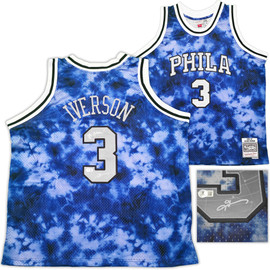 Philadelphia 76ers Allen Iverson Autographed Blue Authentic Mitchell & Ness 1996-97 HWC Swingman Galaxy Jersey Size 2XL "The Answer" Beckett BAS QR Stock #253252 Philadelphia 76ers Allen Iverson Autographed Blue Authentic Mitchell & Ness 1996-97 HWC Swingman Galaxy Jersey Size 2XL "The Answer" Beckett BAS QR Stock #253252
