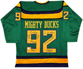 The Mighty Ducks Cast Autographed Green Hockey Sweater Jersey With 8 Signatures Beckett BAS Witness Stock #253582 The Mighty Ducks Cast Autographed Green Hockey Sweater Jersey With 8 Signatures Beckett BAS Witness Stock #253582