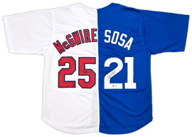 Chicago Cubs, St. Louis Cardinals Sammy Sosa & Mark McGwire Autographed Blue, Red & White Jersey Beckett BAS Witness Stock #253589 Chicago Cubs, St. Louis Cardinals Sammy Sosa & Mark McGwire Autographed Blue, Red & White Jersey Beckett BAS Witness Stock #253589