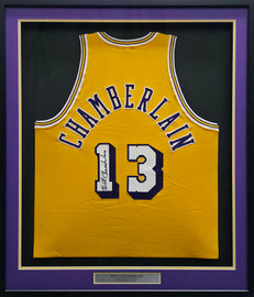 Los Angeles Lakers Wilt Chamberlain Autographed Framed Gold Jersey JSA #ZZ42005 Los Angeles Lakers Wilt Chamberlain Autographed Framed Gold Jersey JSA #ZZ42005