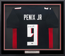 Atlanta Falcons Michael Penix Jr Autographed Framed Black Jersey Beckett BAS Witness Stock #252810 Atlanta Falcons Michael Penix Jr Autographed Framed Black Jersey Beckett BAS Witness Stock #252810