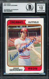 Cesar Geronimo Autographed 1974 Topps Card #181 Cincinnati Reds Auto Grade Gem Mint 10 Beckett BAS #18629901