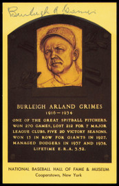 Burleigh Grimes Autographed Hall of Fame HOF Plaque Postcard SKU #255429