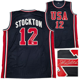 Team USA John Stockton Autographed Blue Jersey Beckett BAS Witness Stock #256901