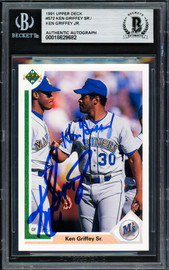 Ken Griffey Jr. & Sr. Autographed 1991 Upper Deck Card #572 Seattle Mariners (Smudged) Beckett BAS #18629682