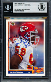 Derrick Thomas Autographed 1991 Upper Deck Card #404 Kansas City Chiefs Beckett BAS #18629373