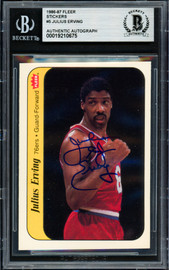 Julius Dr. J Erving Autographed 1986-87 Fleer Sticker Card #5 Philadelphia 76ers Beckett BAS #19210675