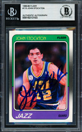 John Stockton Autographed 1988-89 Fleer Rookie Card #115 Utah Jazz Beckett BAS #19213103