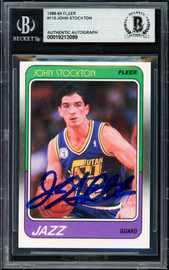 John Stockton Autographed 1988-89 Fleer Rookie Card #115 Utah Jazz Beckett BAS #19213099
