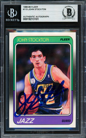 John Stockton Autographed 1988-89 Fleer Rookie Card #115 Utah Jazz Beckett BAS #19213101