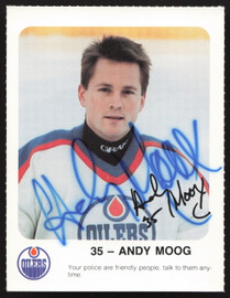Andy Moog Autographed 1986-87 Red Rooster Card Edmonton Oilers SKU #258428