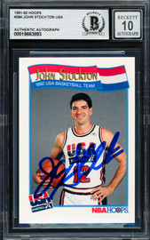 John Stockton Autographed 1991-92 Hoops Card #584 1992 USA Dream Team Auto Grade Gem Mint 10 Beckett BAS Stock #261807