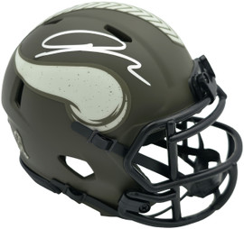 Jordan Addison Autographed Minnesota Vikings Army Green Salute To Service Speed Mini Helmet (In Silver) Beckett BAS QR Stock #261907