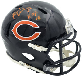 Brian Urlacher Autographed Chicago Bears Blue Speed Mini Helmet (In Orange) "HOF 18" Beckett BAS Witness Stock #261925