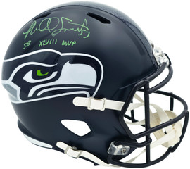 Malcolm Smith Autographed Seattle Seahawks Blue Full Size Speed Replica Helmet "SB LXVIII MVP" Beckett BAS Witness Stock #262124