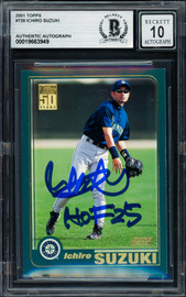 Ichiro Suzuki Autographed 2001 Topps Rookie Card #726 Seattle Mariners Auto Grade Gem Mint 10 "HOF 25" Beckett BAS #19663949