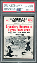 Hank Greenberg Autographed 1961 Nu-Card Scoops Card #442 Detroit Tigers PSA/DNA #92143658
