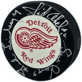 Gordie Howe, Sid Abel, & Ted Lindsay Autographed Official Detroit Red Wings Logo Hockey Puck Production Line Beckett BAS #AE85130