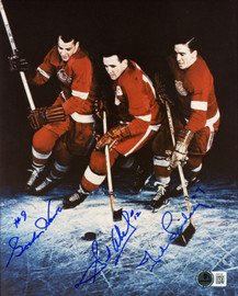 Gordie Howe, Sid Abel, & Ted Lindsay Autographed 8x10 Photo Production Line Beckett BAS #AE85150