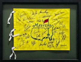Masters Champions Autographed Framed Masters Flag With 32 Signatures Including Tiger Woods & Jack Nicklaus Beckett BAS #AC37759