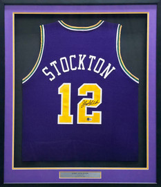 Utah Jazz John Stockton Autographed Framed Purple Jersey Beckett BAS Witness Stock #266057