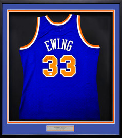 New York Knicks Patrick Ewing Autographed Framed Blue Mitchell & Ness HWC Swingman Jersey Beckett BAS Witness Stock #266059