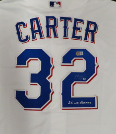 Texas Rangers Evan Carter Autographed White Nike Jersey "23 WS Champs" Beckett BAS QR #1W039286