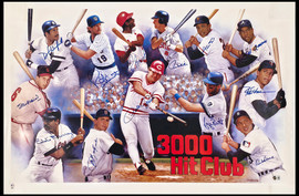 3000 Hit Club Autographed 24x36 Lithograph Photo With 13 Signatures Including Willie Mays & Hank Aaron Beckett BAS Stock #267079