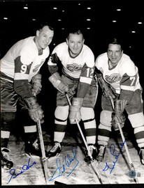 Gordie Howe, Sid Abel & Ted Lindsay Autographed 11x14 Photo Detroit Red Wings Production Line Beckett BAS #AE85535