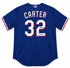 Texas Rangers Evan Carter Autographed Blue Nike Jersey Size XL "23 WS Champs" Beckett BAS Witness Stock #268180