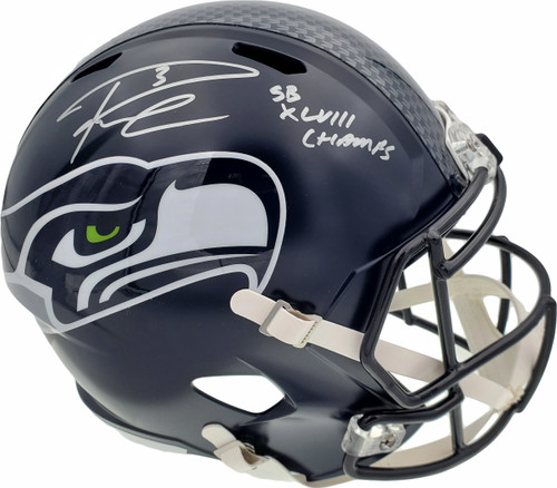 Russell Wilson Autographed Seattle Seahawks Full Size Replica Speed Helmet "SB XLVIII Champs" In Silver RW Holo Stock #94268