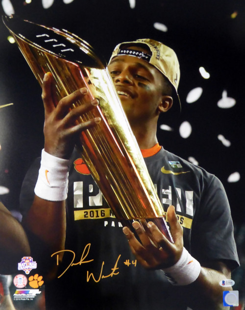 Deshaun Watson Autographed 16x20 Photo Holding Trophy Clemson Tigers Beckett BAS Stock #117276