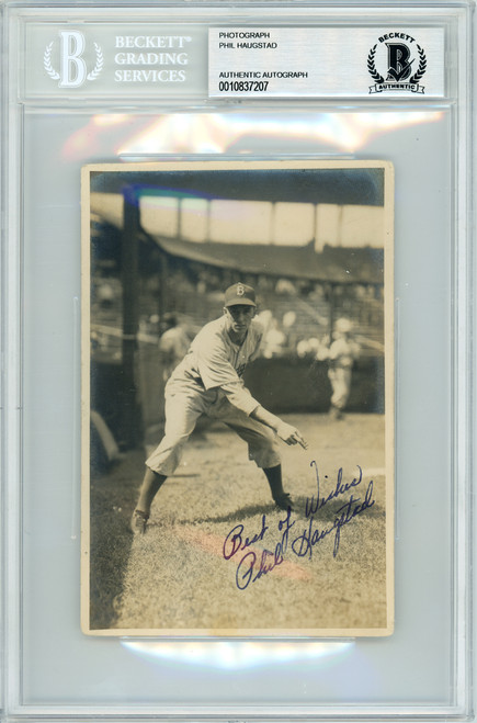 Phil Haugstad Autographed George Burke 4x6 Photo Brooklyn Dodgers "Best Wishes" Beckett BAS #10837207
