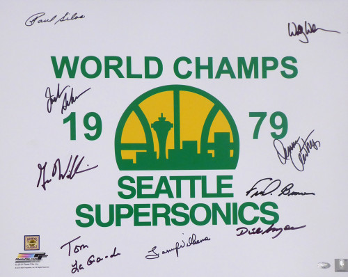 1978-79 NBA Champions Seattle Supersonics Multi Signed Autographed 16x20 Photo With 9 Signatures Including Fred Brown & Lenny Wilkens MCS Holo Stock #145854