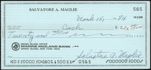 Sal Maglie Autographed 3x6 Check Brooklyn Dodgers, New York Yankees SKU #147866