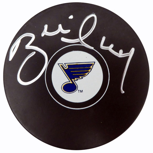 Brett Hull Autographed Official St. Louis Blues Logo Puck In Silver Beckett BAS Stock #152347