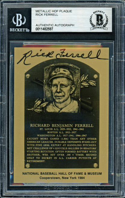 Rick Ferrell Autographed 1984 Metallic HOF Plaque Card Boston Red Sox Beckett BAS #11482597