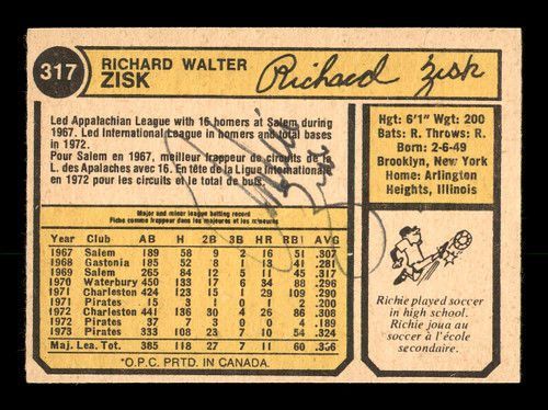 Richie Zisk Autographed 1974 O-Pee-Chee Card #317 Pittsburgh Pirates SKU #169347