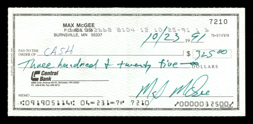 Max McGee Autographed 2.75x6 Check Green Bay Packers SKU #174013