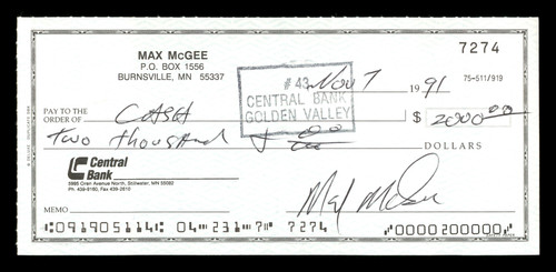 Max McGee Autographed 2.75x6 Check Green Bay Packers SKU #174021