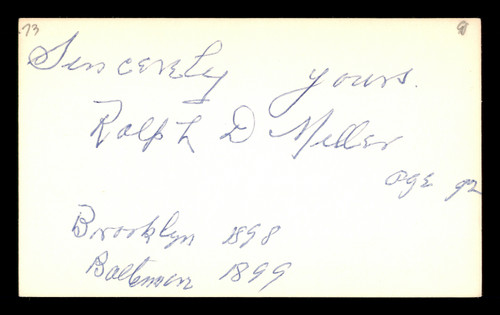 Ralph Miller Autographed 3x5 Index Card Brooklyn Dodgers SKU #174198