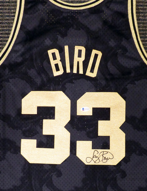Boston Celtics Larry Bird Autographed Black Mitchell & Ness Gold Toile Swingman Jersey Size XXL Beckett BAS Stock #177717