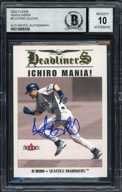 Ichiro Suzuki Autographed 2002 Fleer Headliners Card #5 Seattle Mariners Auto Grade 10 Beckett BAS Stock #189815