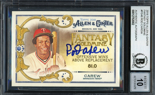 Rod Carew Autographed 2018 Topps Allen & Ginter Fantasy Goldmine Card #FG-46 Minnesota Twins Auto Grade Gem Mint 10 Beckett BAS #12752002