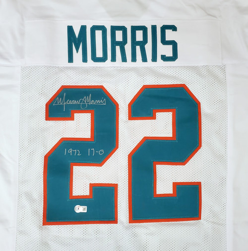 Miami Dolphins Mercury Morris Autographed White Jersey "1972 17-0" Beckett BAS QR Stock #194359