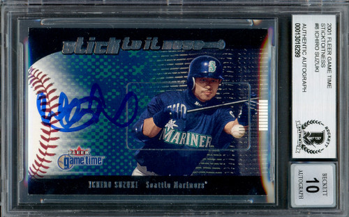 Ichiro Suzuki Autographed 2001 Fleer Game Time Stick To It Ness Rookie Card #8 Seattle Mariners Auto Grade Gem Mint 10 Beckett BAS #13018299