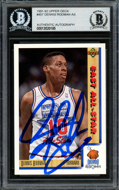 Dennis Rodman Autographed 1991-92 Upper Deck Card #457 Detroit Pistons Beckett BAS #13020185