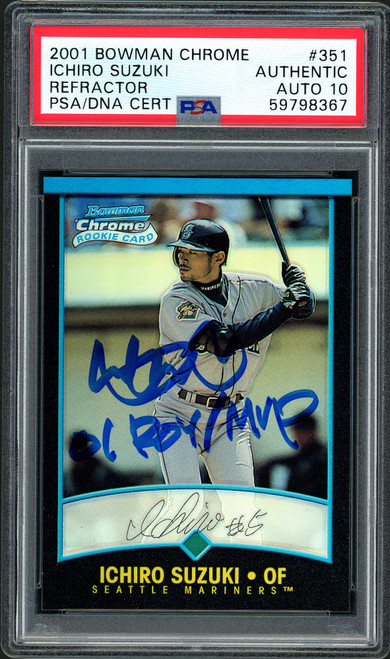 Ichiro Suzuki Autographed 2001 Bowman Chrome Refractor Rookie Card #351 Seattle Mariners Auto Grade Gem Mint 10 "01 ROY/MVP" English PSA/DNA #59798367